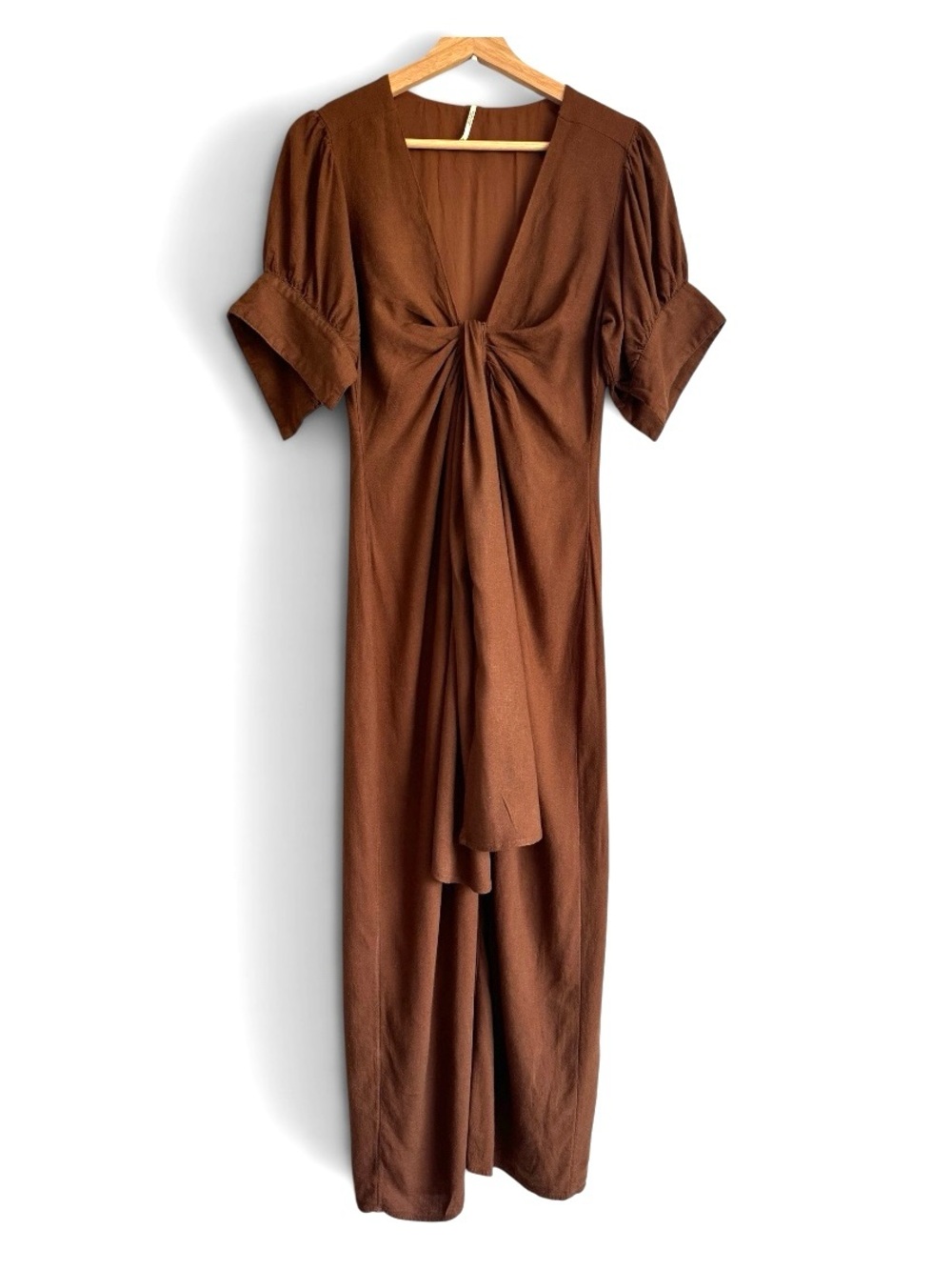 Free People Vintage Summer Midi Dress M Chocolate Swirl Twist Front Linen Blend - Picture 2 of 16